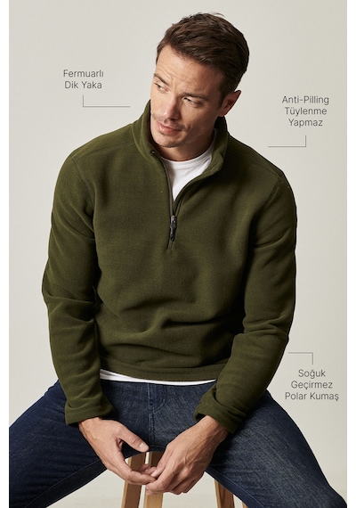 AC&Co / Altınyıldız Classics Erkek Hakı Anti-pilling Tüylenme Yapmayan Standart Fit Dik Yaka Polar Sweatshirt Haki