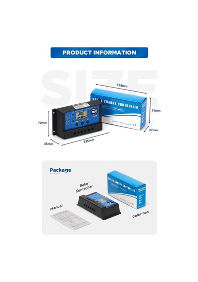 Güneş Paneli Şarj Kontrol Cihazı Regülatörü 20a 12v 24v Lcd Ekran Çift Usb Çıkışlı Pwm Akü Şarj Regülatörü Solar Panel Kelektronik