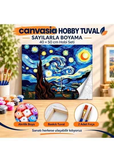 Sayılarla Boyama Numaralı Tuval Seti Boya Fırça Dahil 40x50 Cm Yıldızlı Geceler