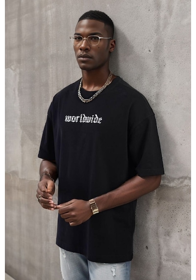 Balenbi Unisex Bisiklet Yaka Oversize Kalıp Penye Tişört 1004 Siyah