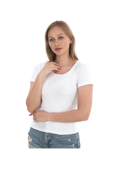 Monox Kadın Fitilli Likralı Pamuk Basic Tshirt Beyaz