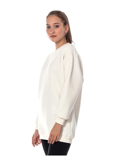 Startmore Caya Kadın Ekru Renk Uzun Kesim Basic Örme Sweatshirt Cy84197 Beyaz Beyaz