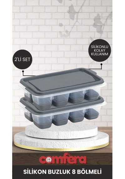2'li Mini Silikon Buz Kalıbı - 8 Bölmeli Buz Küpü Kabı - Kolay Kullanım Silikon Antrasit Diğer