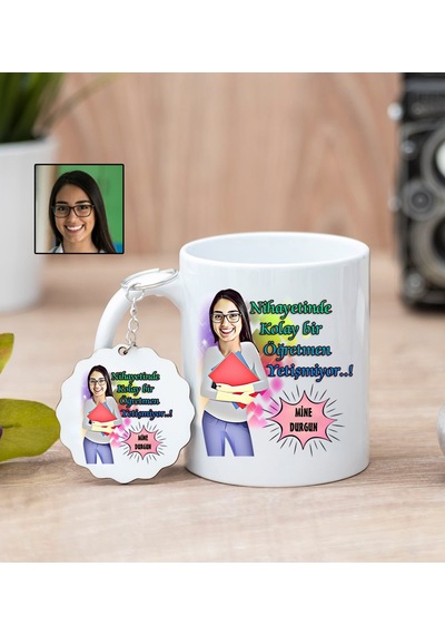 Karikatürlü Öğretmen Kupa Bardak Ve Anahtarlık