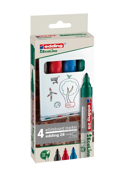 28 Ecoline Beyaz Yazı Tahtası Kalemi, 4'lü Set, Karışık Renkler, Yuvarlak Uç, Yeniden Doldurula Tek Renk