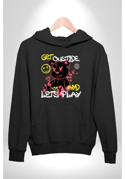 Dışarı Çık Ve Oynayalım Teddy Kadın Erkek Siyah Kapüşonlu Sweatshirt Hoodie Siyah