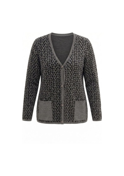 Onno Style Women Çelik Örgü Klasik Leopar Desen Triko Ceket Gri