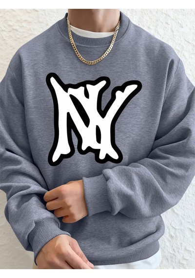Startmore Startmorebasit Ny Logo Baskı Erkek Tişörtü Kış Polar Sıcak Kapüşonlular Kore Büyük Boy Bisiklet Yaka S Gri