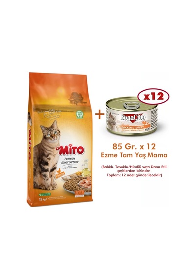 La Mito Tavuklu Yetişkin Kedi Maması 15 KG + Konserve Mama 12 x 85 G