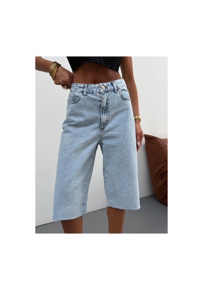 Kene Jeans Buz Kar Paça Kesik Uzun Kot/denim Şort Mavi