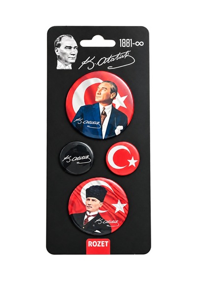 Bakgelal Atatürk 4'lü Rozet Seti Mavi Portre, Türk Bayrağı Ve İmza Tasarımlı - Bgaalk040002 Açık Mavi