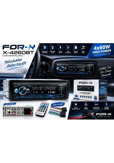 For-x Teyp For-x X-4260bt Teyp - Çift Amfi Çıkışlı , 4x60w , Bluetoothlu , 7 Renk Oto Teyp