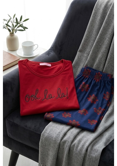 Aura Collections Kadın Desenli Bambu Viskon Uzun Kollu Soft Örme Mevsimlik Pijama Takımı Kırmızı