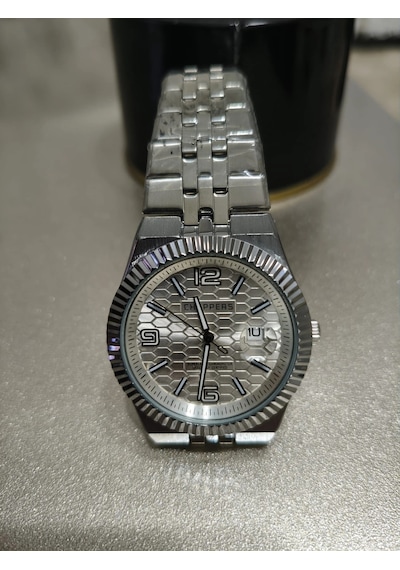 Analog Quartz Makina Metal Erkek Kol Saati Beyaz Kadran Su Geçirmez Altın - Gümüş