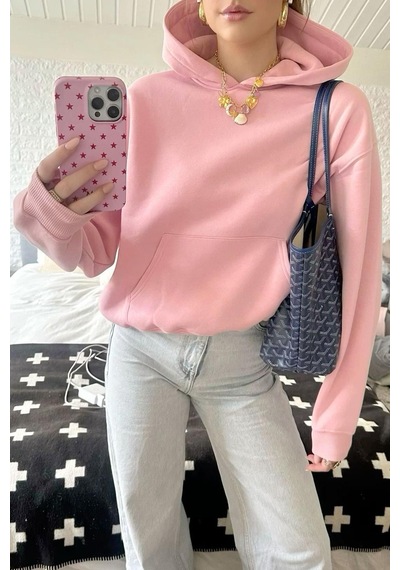 Pembe Kapüşonlu Şardonlu Oversize Cepli Sweatshirt Mg2206