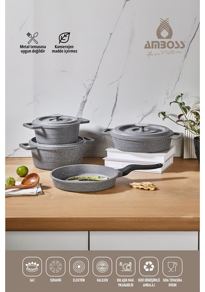 Amboss 7 Parça Copper Döküm Tencere Seti - Gri