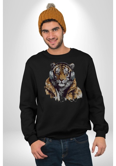Müzik Dinleyen Kaplan İnsan Mont Unisex Siyah Baskılı Sweatshirt Siyah