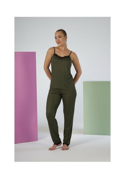 Estiva Kadın İp Askılı Likra Viskon Yazlık Pijama Takımı Haki