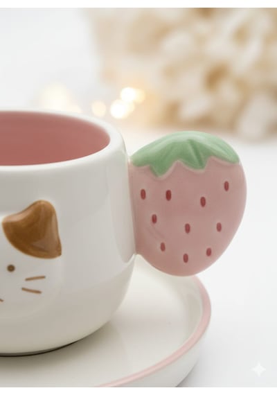 Kedi Figürlü 2 Li Fincan Seti Çilek Kulplu Seramik Kahve Fincanı Seti Hediye Fincan Takımı Beyaz - Pembe