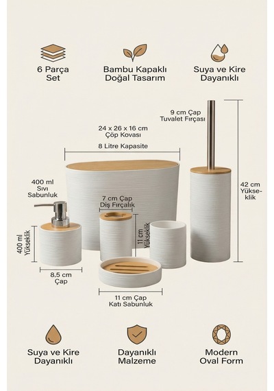 Makri Home 6 Parça Bambu Kapaklı Banyo Seti, Beyaz, Oval, Hacim: 8 Litre