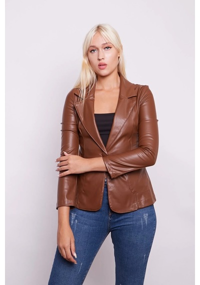 Ekolojik Suni Deri Yakalı Uzun Kol Cepli Blazer Ceket-taba Taba