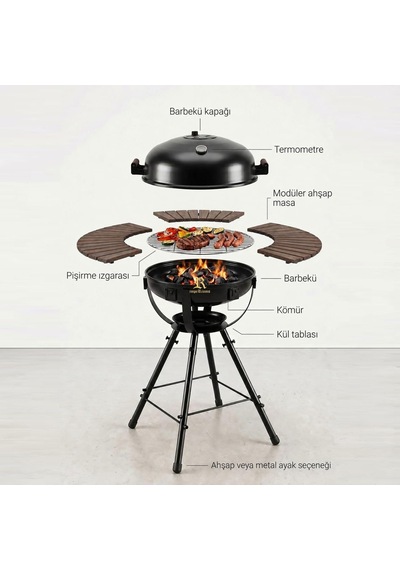 Bazz360 360 Masalı Kapaklı Kömürlü Barbekü Mangal 55 Cm Izgara, Termometreli, 92 Cm Yükseklik, 120 Cm Masa Çok Renkli