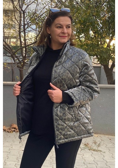Mia Butik Büyük Beden Haki Leopar Desenli Mont-1559 Haki