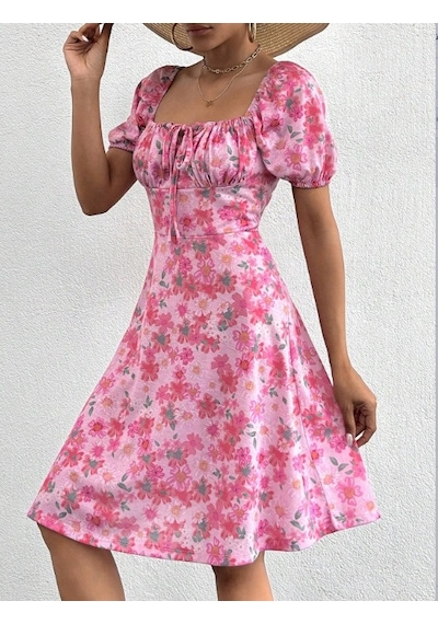 Sinemonline Kadın Kısa Kollu Mini Çiçek Baskılı Bağcık Detay Süprem Midi Boy Elbise Pembe