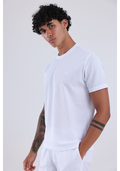 Rowinger Waffle Dokulu Nakış Logo Detaylı Oversize Erkek T-shirt Beyaz