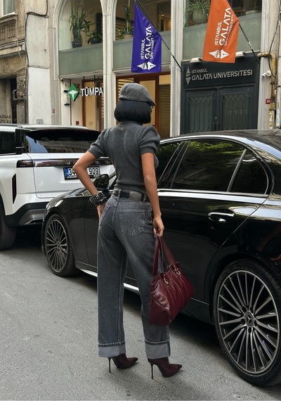 Meecy Kadın Baggy Jean Yüksek Bel Palazzo Esnek Kot Pantolon Gri Gri