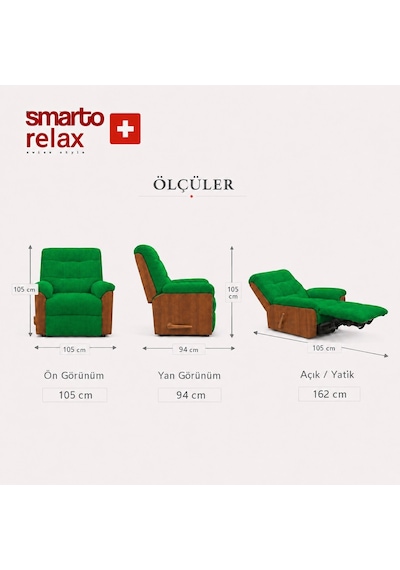 Smarto Relax Ticino Manuel Mekanizmalı Ayak Uzatmalı Ahşap Yan Panelli Polyester Tv Koltuğu Baba Koltuğu Yeşil
