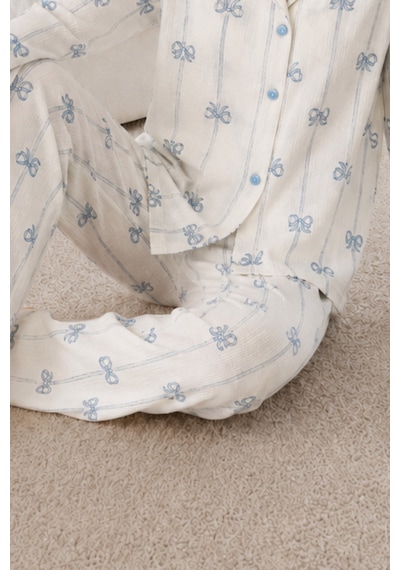 Kadın Desenli Relaxed Beyaz Pijama Takımı 4661