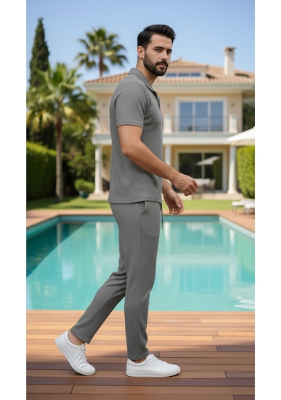 Fifty Color Unisex Trend Bürümcük Krinkıl Kumaş Yazlık Likralı Kısa Kol Tişört Eşofman Takım Gri