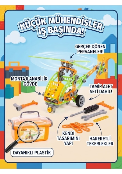 129 Parça Eğitici Mucit Tasarım Seti Helikopter İnşa Etme ve Sök-Tak Mekanik Çocuk Oyuncak Seti