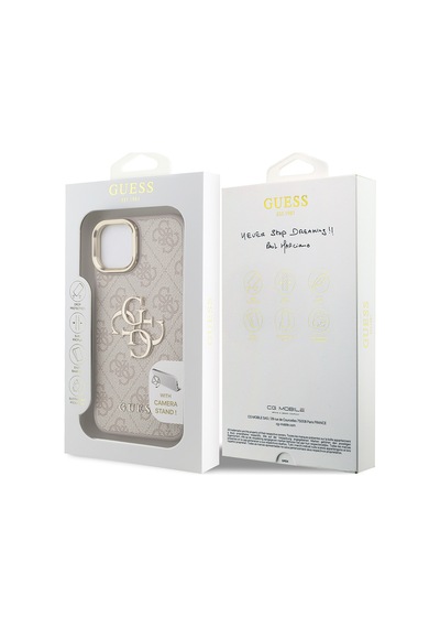 Apple Uyumlu iPhone 15 Kılıf Guess Lisanslı Metal 4g Ve Yazı Logolu Kamera Standlı Kapak Pembe