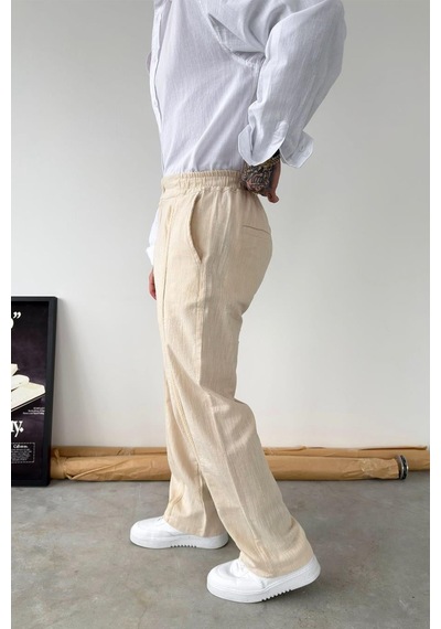 Bej Hasır Detay Baggy Keten Pantolon Bej