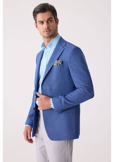 Erkek Mavi Regular Fit Keten Karışımlı Mono Yaka Ceket