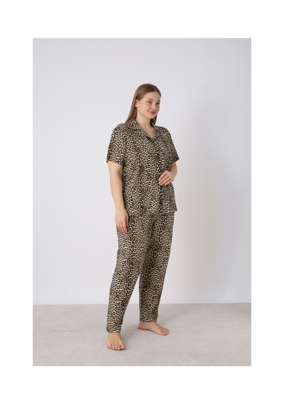 Estiva Kadın Kaplan Desenli Kahverengi Kısa Kollu Önden Düğmeli Soft Battal Pijama Takımı Çok renkli