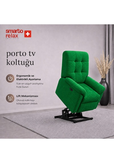 Smarto Relax Porto Liftli Çift Motorlu Elektrikli Ayağa Kalkma Destekli Polyester Hasta Ve Baba Tv Koltuğu Yeşil