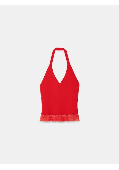 Dilvin 10868 Dantel Detaylı Halter Yaka Triko Bluz-Açık Kırmızı Dilvin 10868 Dantel Detaylı Halter Yaka Triko Bluz-Açık Kırmızı