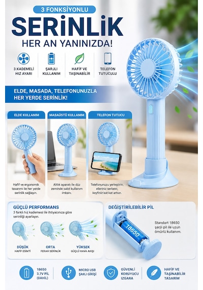 3 Fonksiyonlu Telefon Tutuculu Taşınabilir El Ve Masaüstü Vantilatör Şarjlı 3 Kademeli Mini Fan Usb
