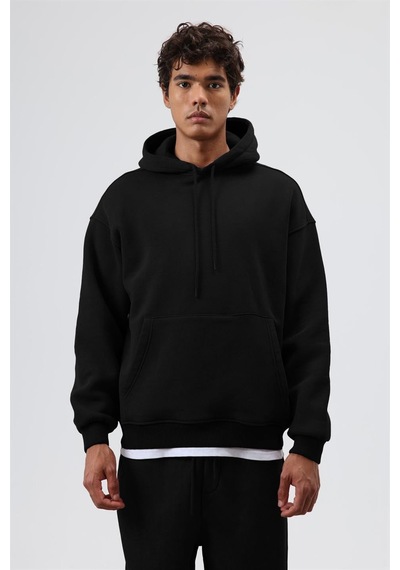 Vamos Basic Oversize Yıkamalı Hoodie Siyah