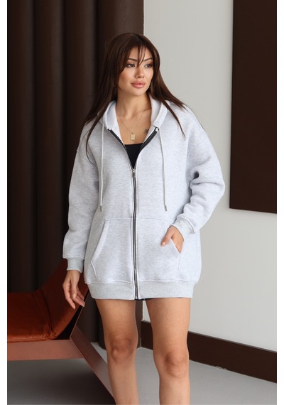 Balenbi Kadın 3 İplik İçi Polarlı Kapüşonlu 75cm Oversize Sweat Hırka 1129 Karmelanj