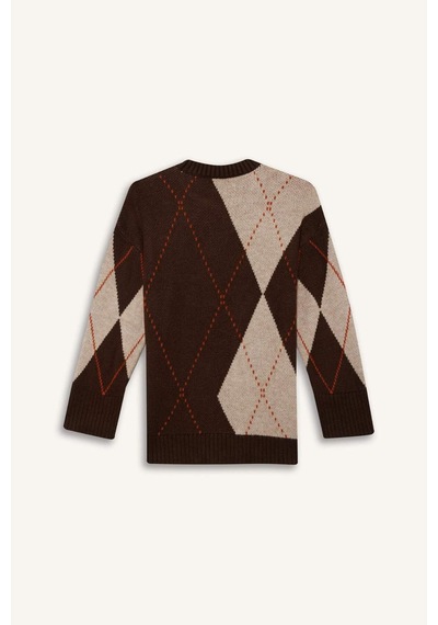 Defacto Regular Fit Bisiklet Yaka Baklava Desenli Triko Kazak Tunik G0711ax25wnbn341 Kahve-bn341