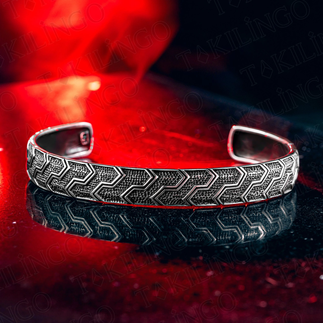 925 Ayar Gümüş Etnik Desenli Vintage Model Açık Cuff Erkek Bileklik Gümüş