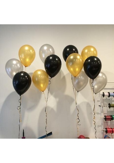 30 Adet Metalik Sedefli Gold-Gümüş-Siyah Karışık Balon Helyumla