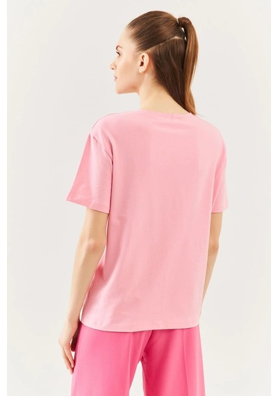 Kadın Oversize Rahat %100 Pamuklu Penye Bisiklet Yaka Kısa Kol Basic T-shirt Pembe