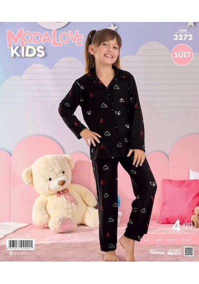 Modalove Kız Çocuk Milan Kumaş Önü Düğmeli Süet Kışlık Uzun Kol Pijama Takımı Siyah