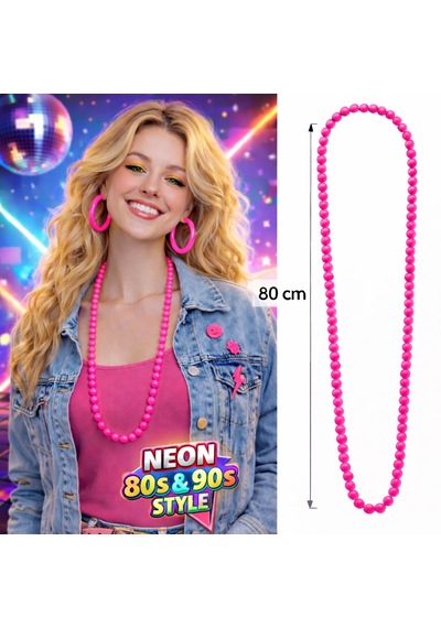 Neon - 227 - Pembe Boncuk Kolye 80 Cm Retro 80 Ler 90 Lar - Csmo-tex - Parti Aksesuarı 6