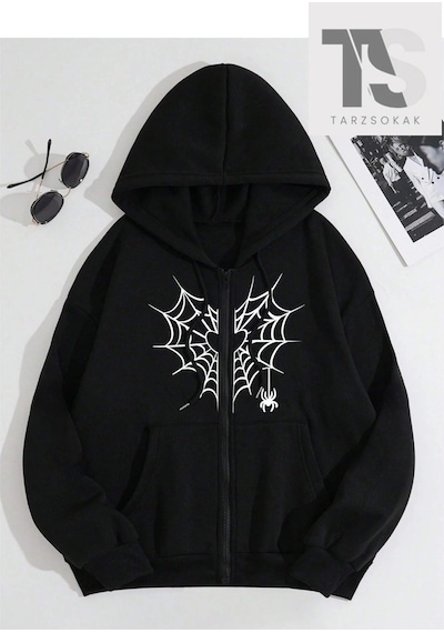 Adrift Kalp Ağ Minimal Örümcek Sweatshirt Fermuarlı Hırka Siyah